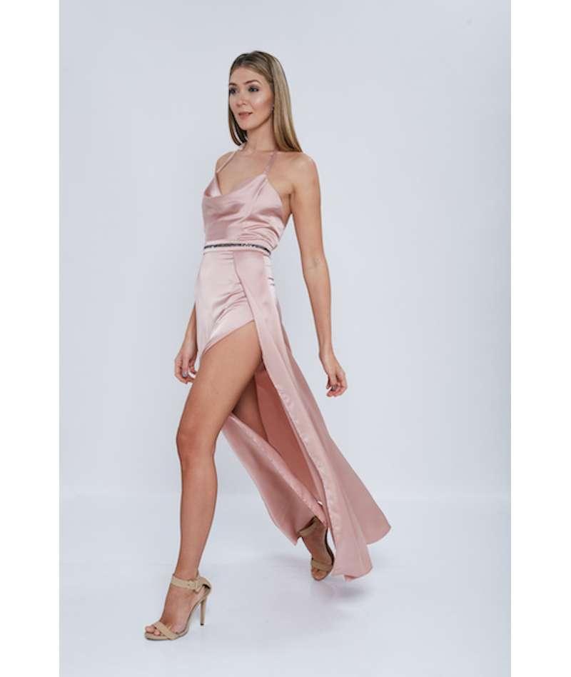 vestido de fiesta cut out rosa metalizado