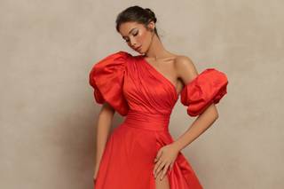 vestido de fiesta rojo mangas abullonadas