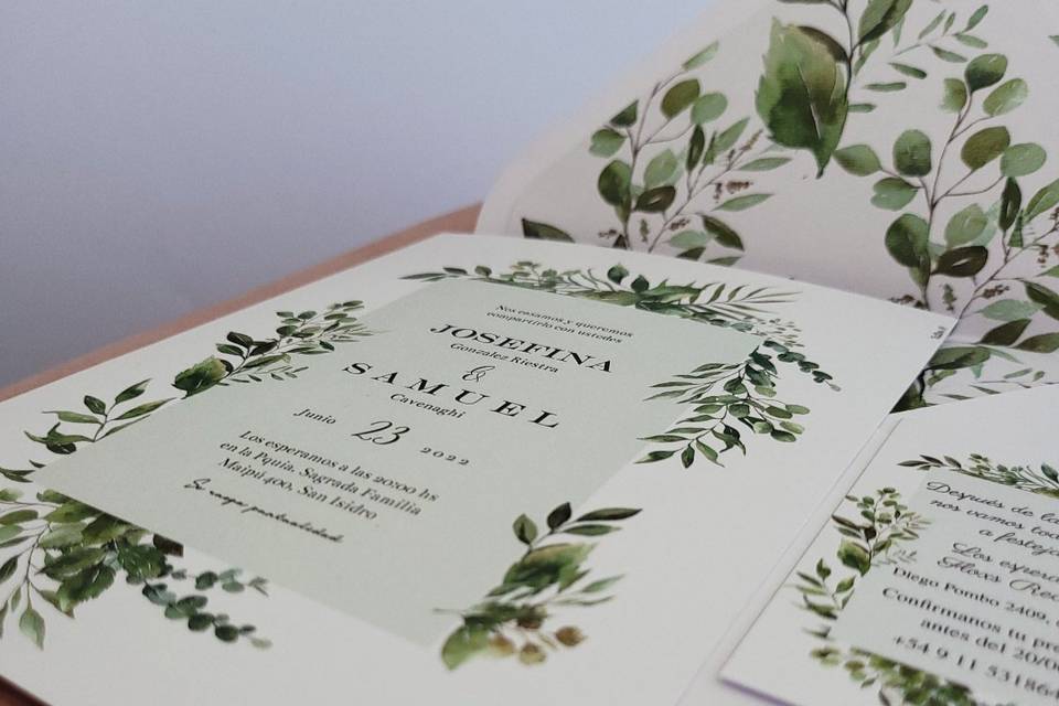tarjeta de casamiento eco hojas verdes papel blanco