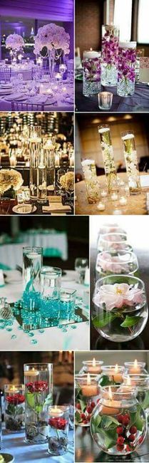 Centros de mesa con vidrio, flores y velas. 10