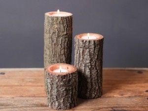 Reciclando troncos, con una mecha ancha de madera, podemos logras estas hermosas velas... Lo mejor??
