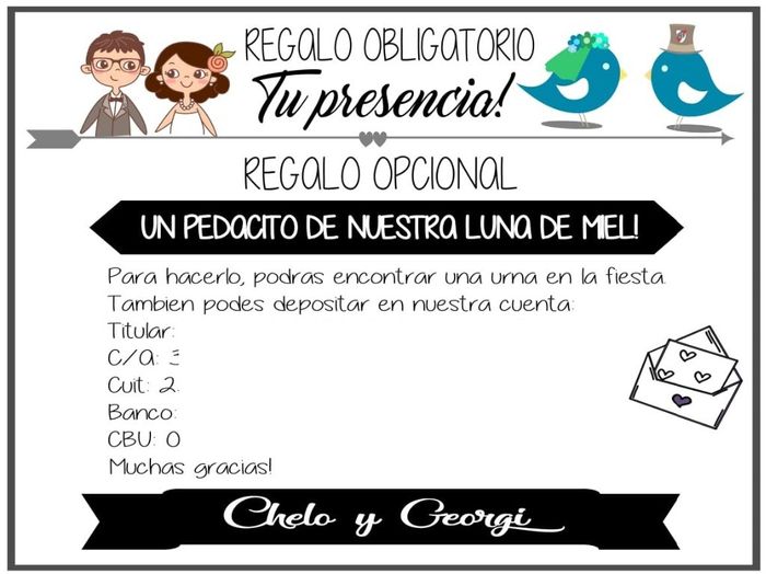 En las invitaciones, ¿se pone cbu o Número de cuenta con nombre de Banco? 2