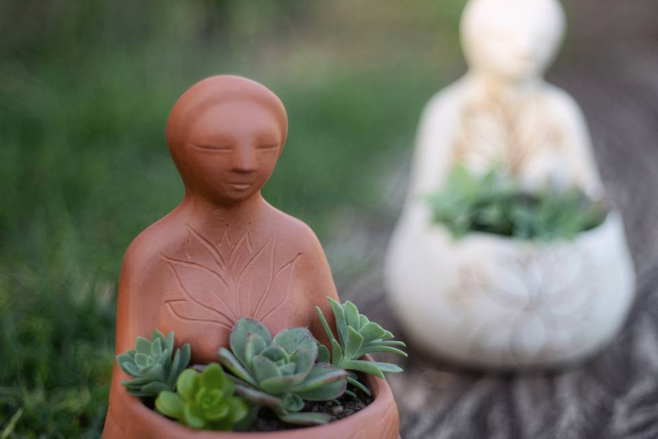 Pachamama roja y blanca con plantas