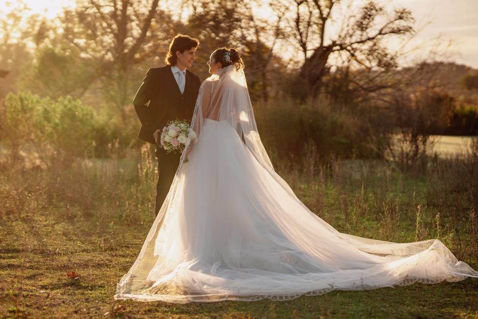 Novios posando en el campo