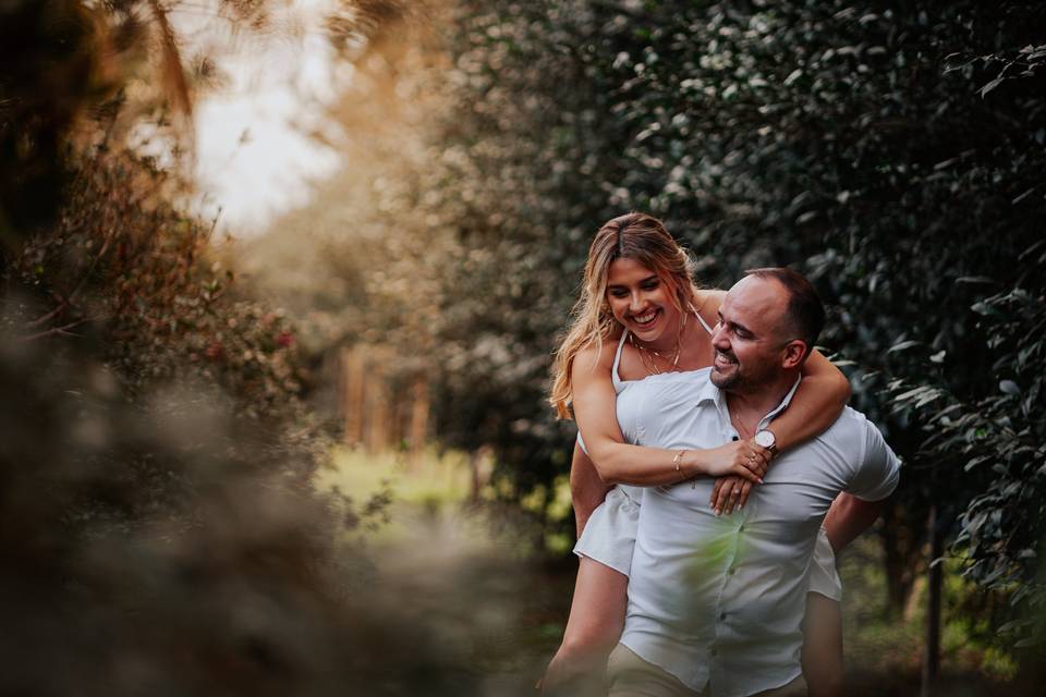 Novio cargando a la novia en el jardín